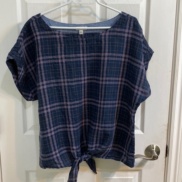 L.L. Bean Tops - L.L. Bean Signature Linen Tie Top Checkered Print Blue Purple Women’s Size XL